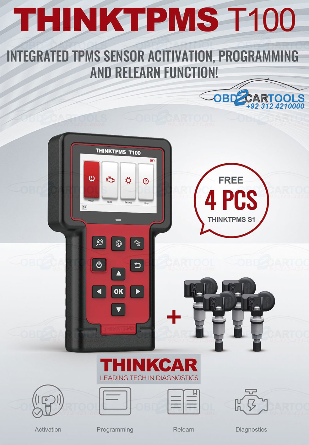Product image for THINKTPMS T100 OBD2 Scanner Tire Pressure Monitoring System Diagnostic Scan Tool + 4 Free Sensors