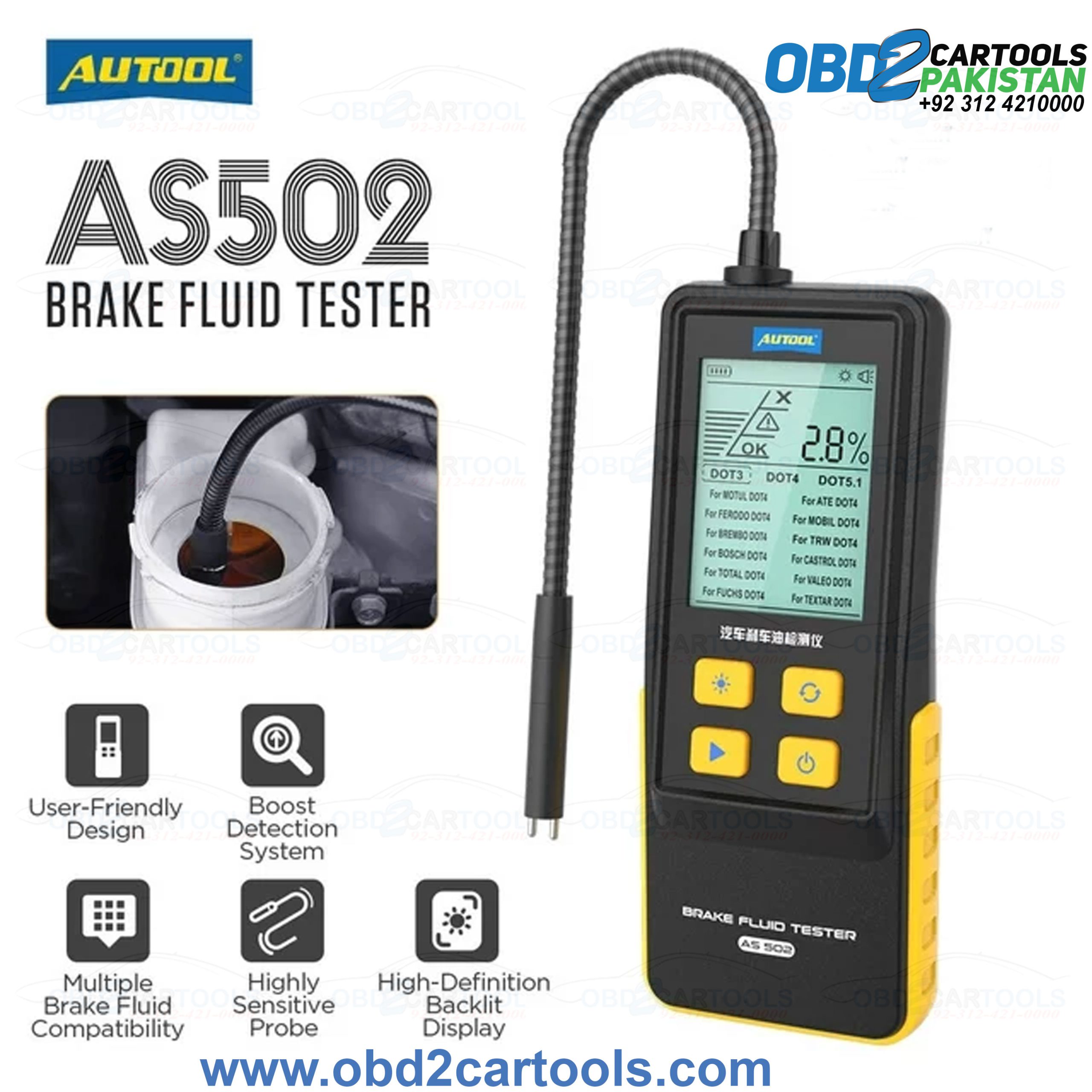 Product image for AUTOOL AS502 Car Brake Fluid Tester Car Oil Quality Water Content Percentage Brake Oil Testing For Automotive DOT3 DOT4 DOT5.1